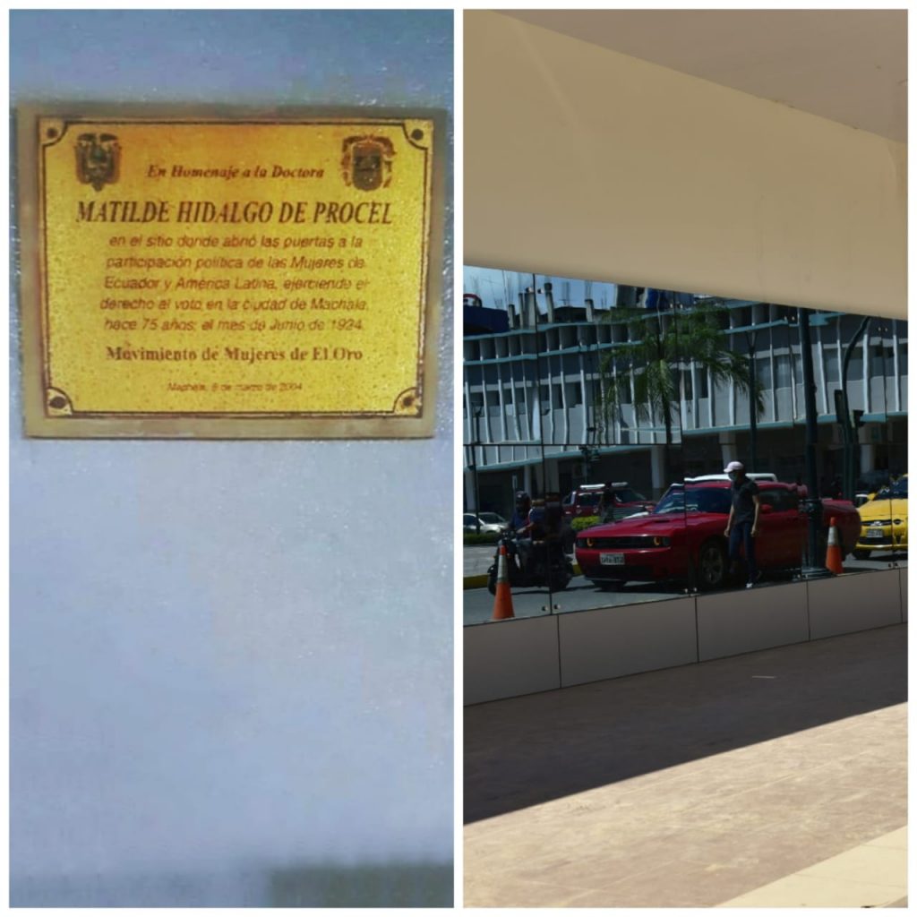 La placa (izquierda) que hasta no hace mucho estuvo en la pared y que ahora no está, siendo reemplazada (derecha) por vidrios oscuros.