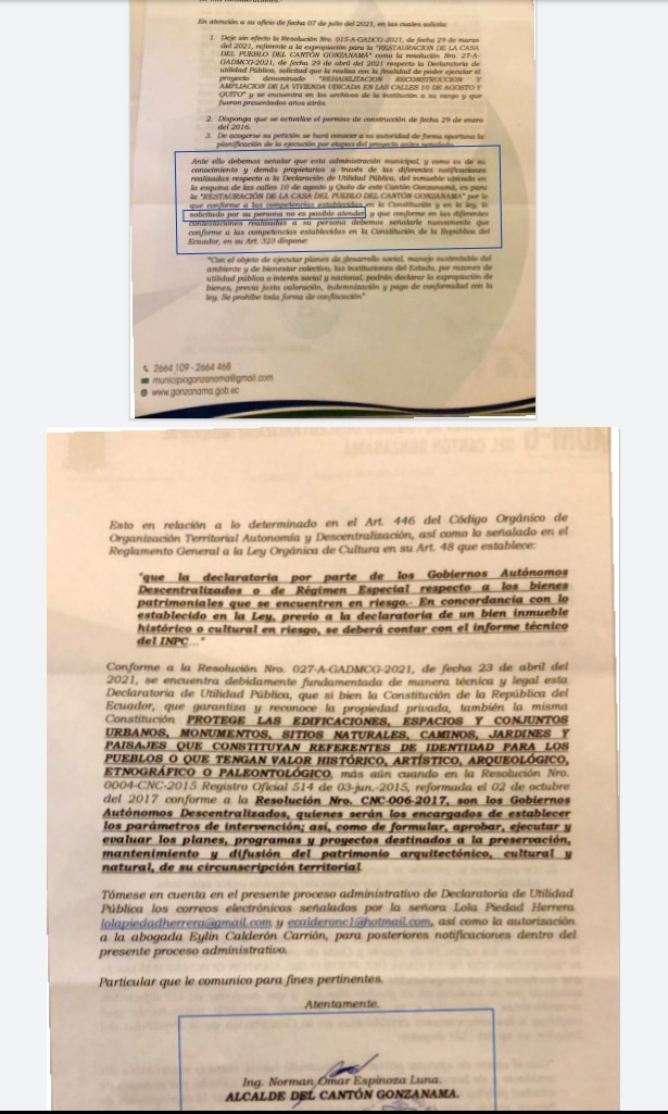 El Municipio de Gonzanamá, con fecha 13 de julio de 2021, responde a una petición presentada por la propietaria del inmueble.