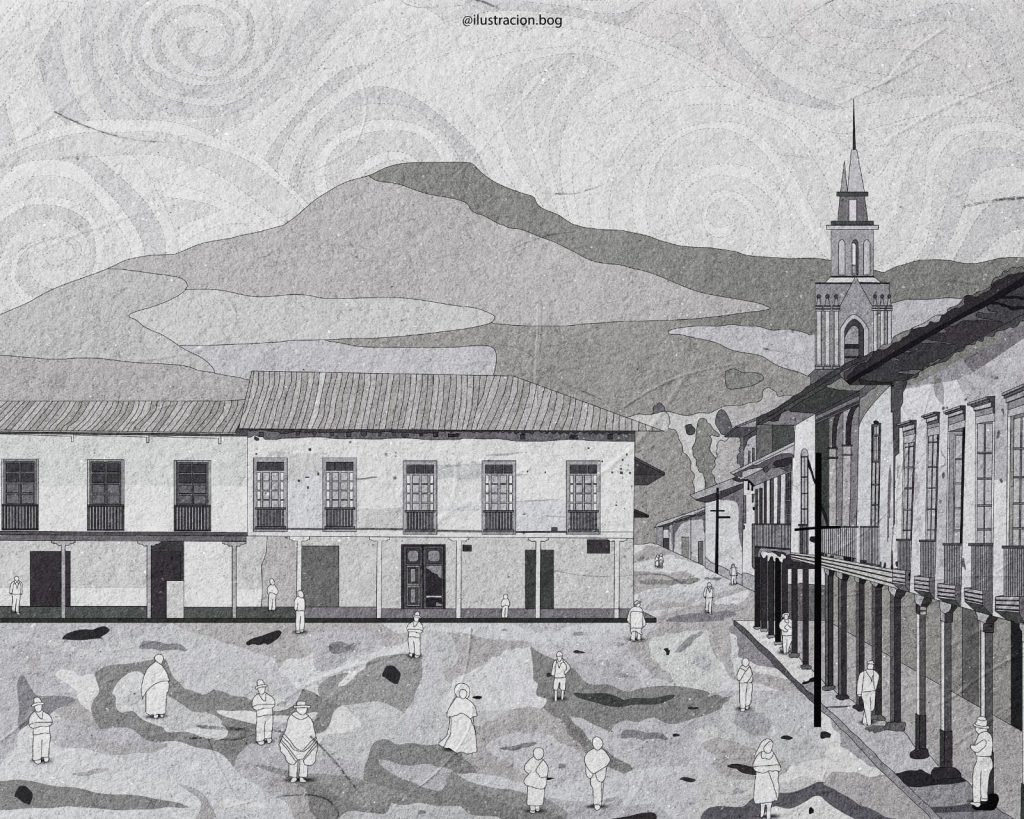 Foto 1. Reconstrucción gráfica Plaza Central, calle 10 de agosto y Bernardo año 1908 (al fondo a la derecha torre de la iglesia de las hermanas Conceptas (hoy desaparecida)