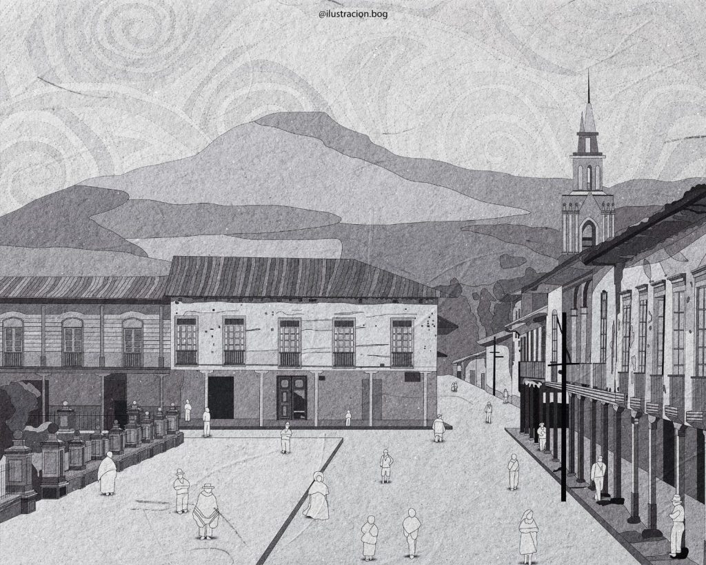 Foto 2. Reconstrucción gráfica Plaza Central, calle 10 de agosto y Bernardo año 1938 (al fondo a la derecha torre de la iglesia de las hermanas Conceptas (hoy desaparecida)