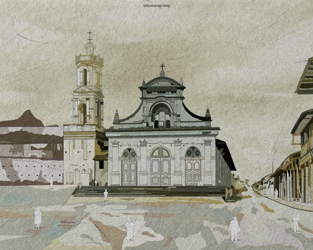 Reconstrucción e ilustración gráfica de la Plaza e iglesia de San Sebastián, calle Bolívar y Mercadillo año 1908