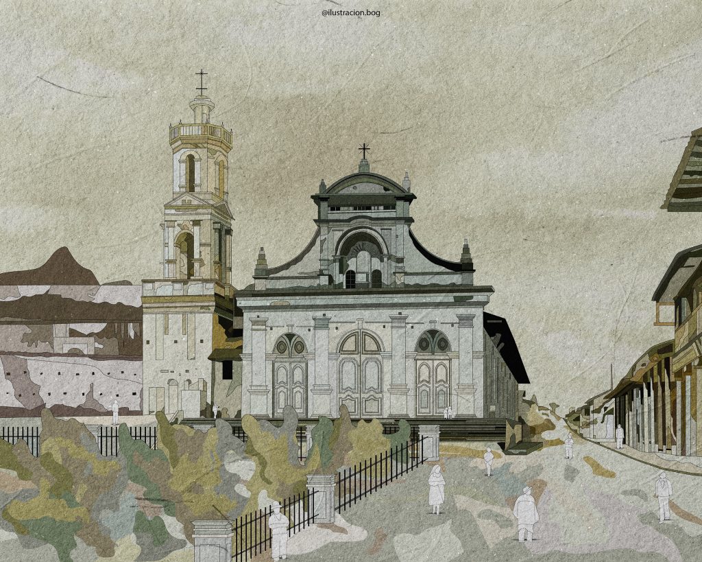 Reconstrucción e ilustración gráfica de la Plaza e iglesia de San Sebastián, calle Bolívar y Mercadillo año 1938