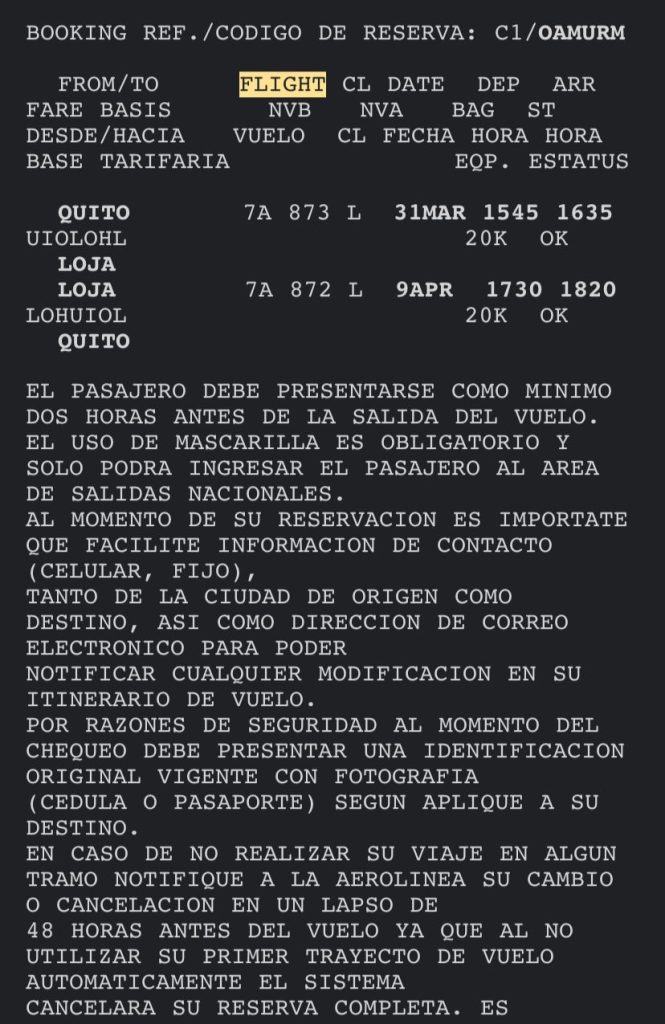 La ciudadana exhibe el correo de reservación del pasaje de ida y vuelta: Quito-Loja, el 31 de marzo, y Loja-Quito, 9 de abril.