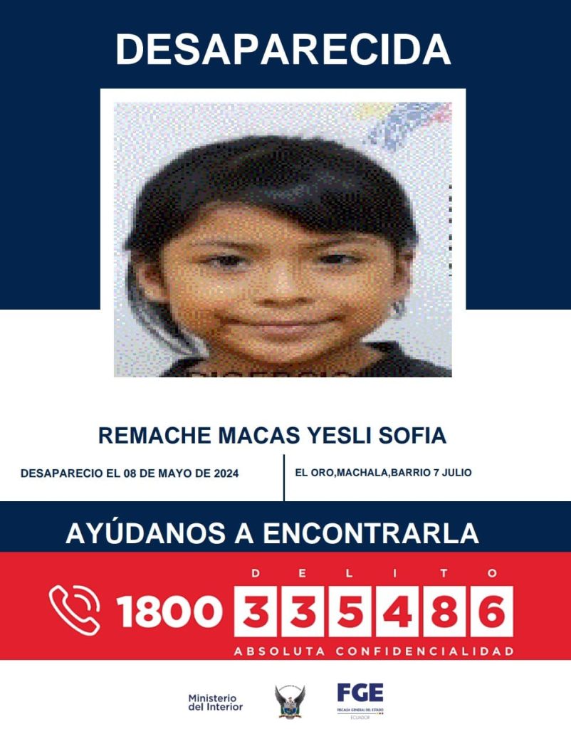 El afiche que el Ministerio del Interior difunde sobre la desaparición de la niña.