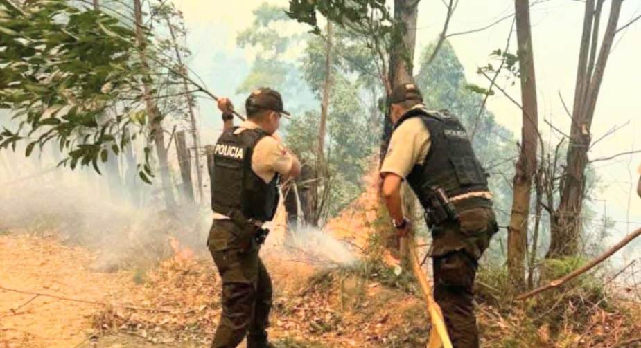 Los policías con azadones batefuegos y machetes se sumaron a las labores para aplacar los incendios.