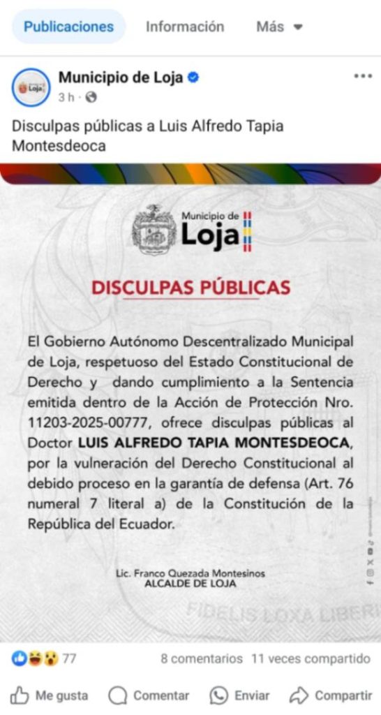En la cuenta del Ayuntamiento que tiene en la red social Facebook aparece colgada la disposición emitida por un juez lojano.